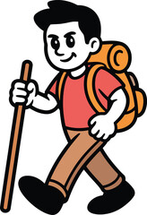 Cartoon Hiker with Backpack and Walking Stick Exploring Nature Trails Adventure Outdoors