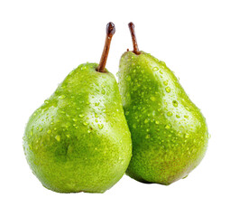 Two vibrant green pears, covered in water droplets, close-up