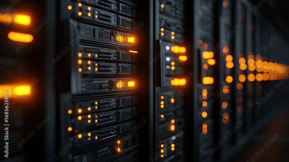 Poster closeup of server racks with glowing orange lights dark metallic server cabinets rows of drives and 