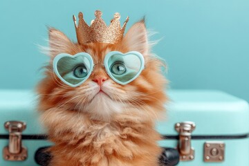 Fototapeta premium Fluffy orange cat wearing crown and heart-shaped sunglasses poses in front of vintage suitcase against a turquoise background