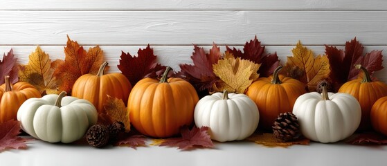 A collection of pumpkins in various shades, placed with colorful autumn leaves, highlighting seasonal decor for festive occasions