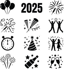 New Year 2025 Celebration Icons With Fireworks Balloons Keywords: new