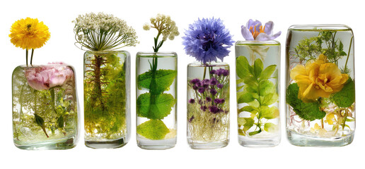 Preserved flowers in clear cylindrical vases