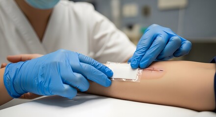 Application of a bandage on a stitched wound by a medical professional wearing blue surgical gloves