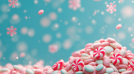 Obraz premium Pastel blue and pink abstract background with pile of round candy, including peppermint, creating dreamy, whimsical, and sweet atmosphere with floating flower shapes