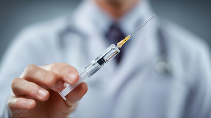 Doctor holding syringe close up with clean medical lighting