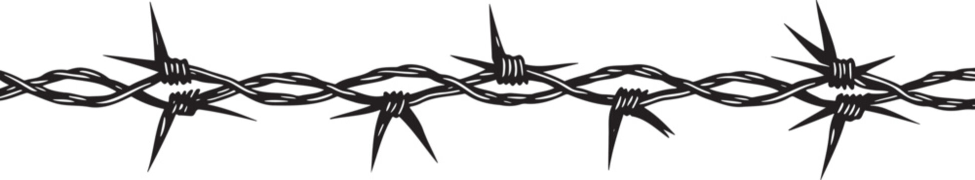 Tangled barbed wire seamless vector border, black silhouette graphic
Continuous barbwire line for tattoo or fence design, seamless pattern
Sharp barbed wire silhouette vector