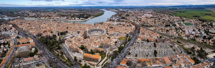 An aerial panorama view around the old town in the city Arles in France on a sunny morning in early spring