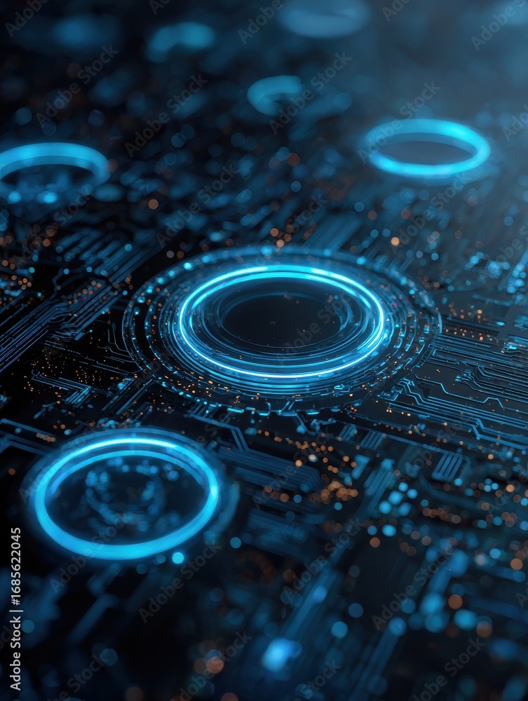Poster glowing blue circles surrounded by intricate circuit board patterns on a dark background