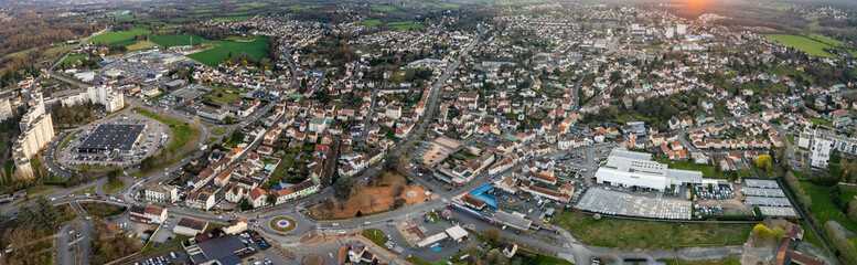 An aerial panorama view around the old town in the city Bellerive-sur-Allier in France on a sunny morning in early spring