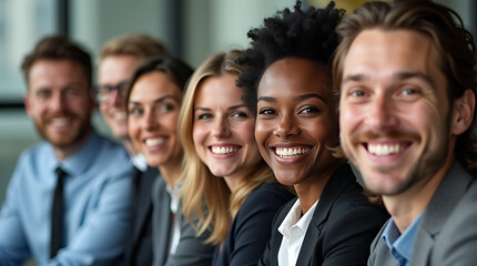 Diverse group of smiling business professionals in a line looking at the camera people diversity