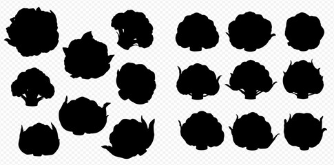 A collection of black cauliflower and broccoli silhouettes illustrating various forms and sizes on a transparent background.