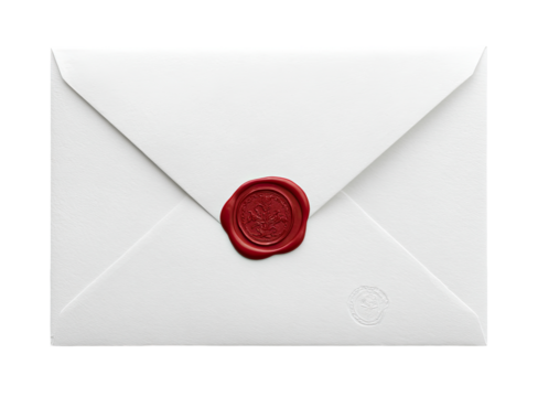 A pristine white envelope sealed with a vibrant red wax seal
