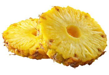 Two slices of ripe pineapple, close-up.  Bright yellow flesh, visible fibrous texture, and a central core hole are clearly seen.  Fresh, tropical fruit