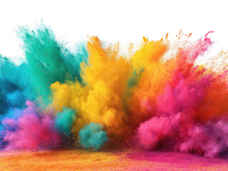 Vibrant explosion of colorful powder.  A dynamic display of  teal, orange, pink, yellow, and other hues erupting outward against a black background.  Powdery plumes and streaks fill the image