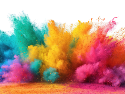 Vibrant explosion of colorful powder.  A dynamic display of  teal, orange, pink, yellow, and other hues erupting outward against a black background.  Powdery plumes and streaks fill the image