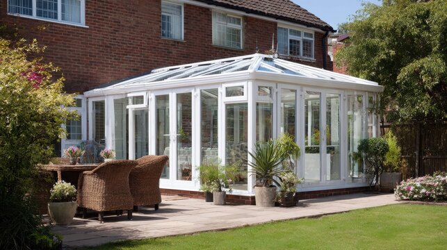 modern white upvc conservatory extends house with glass walls doors offering patio garden views sunproof waterproof structure enhances living space features wicker chairs table for outdoor