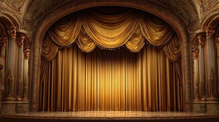 grand theater stage with golden velvet curtains