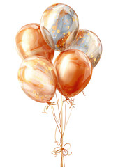 A bunch of marbled balloons in copper, gold, and silver.  Tied with twine