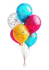 Vibrant bunch of party balloons in various colors, decorated with colorful confetti