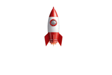 Red and white rocket against black background