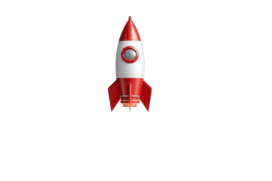 Red and white rocket against black background