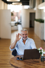 Happy mature business man executive waving hand using laptop computer having video conference call...