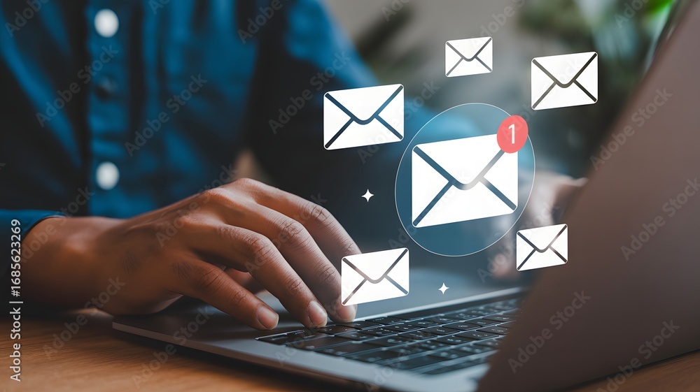 Poster New email notification alerts concept for Digital marketing business communication through virtual inbox and internet technology as Business people use laptop with emails on a virtual screen