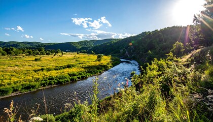 Scenic river valley at sunset
