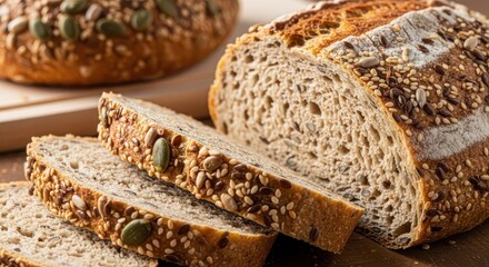 Artisanal multigrain sourdough bread loaf and slices on rustic wooden surface