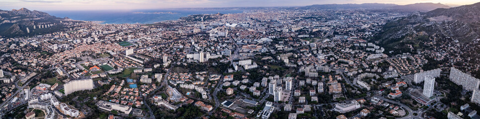 An aerial panorama view around the old town in the city  marseille in France on a sunny morning in early spring