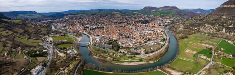 An aerial panorama view around the old town in the city  Millau in France on a sunny morning in early spring