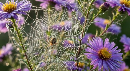 Delicate spiderweb entwined among vibrant purple aster flowers in natural sunlight