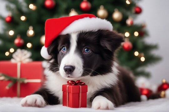 A border collie puppy in a red Christmas hat, eagerly waiting for santa claus. Generative AI