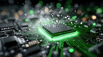 Close-up of Green Glowing CPU on Circuit Board with Bokeh Background