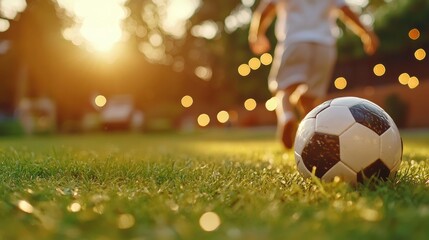 Togetherness Family playing a friendly game of soccer in the backyard, laughing and bonding.