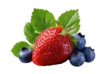 Close-up of fresh strawberries and blueberries with leaves