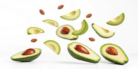 Floating Avocado Slices and Almonds on White,Healthy Food ,Nutrition