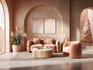 A serene, peach-toned living room, featuring an arched doorway, plush furniture, and abstract artwork, exudes a calming atmosphere.