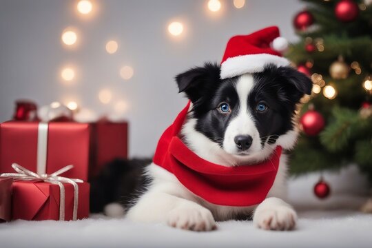 A border collie puppy in a red Christmas hat, eagerly waiting for santa claus. Generative AI