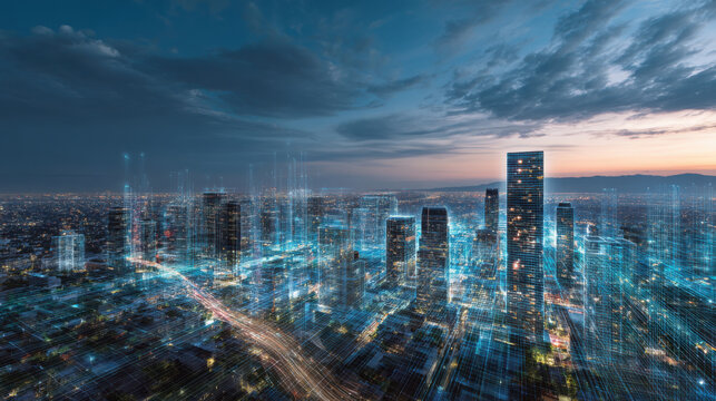 Futuristic cityscape with digital hologram overlay at dusk