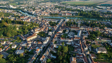 An aerial panorama view around the old town in the city Château-Thierry in France on a sunny afternoon in early spring