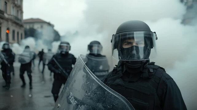 Urban riot wave: fire burst, rebellious march, crowd panic, explosive surge, protester anger, shattered order, violent protest, police line, smoke cloud, defiant stance, crisis mode