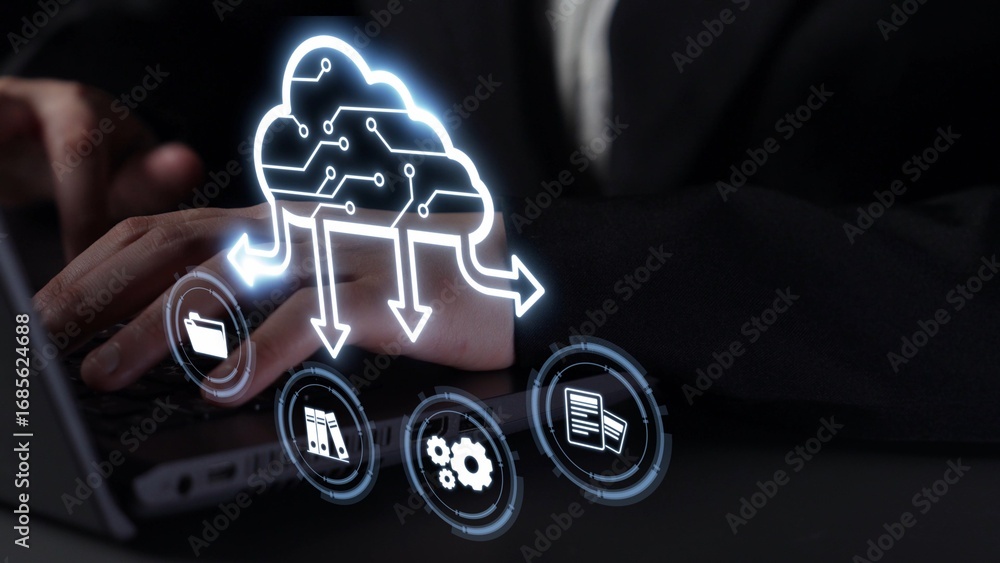 Poster cloud computing, cloud strategy, and cloud technology transforming digital infrastructure with scala