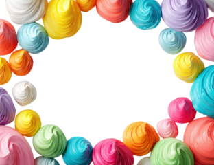 Colorful meringue swirls frame a black background