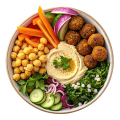 Healthy vegetarian falafel bowl with fresh veggies and creamy hummus for a nutritious meal option