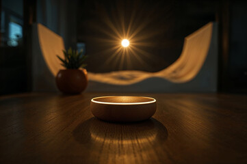 Warm ambiance low angle close up of a wooden bowl with radiant light above