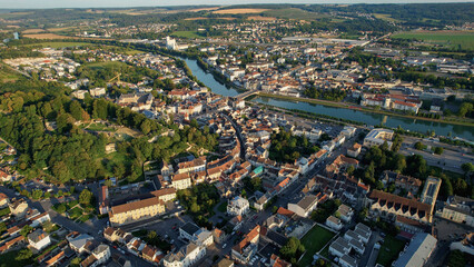 An aerial panorama view around the old town in the city Château-Thierry in France on a sunny afternoon in early spring