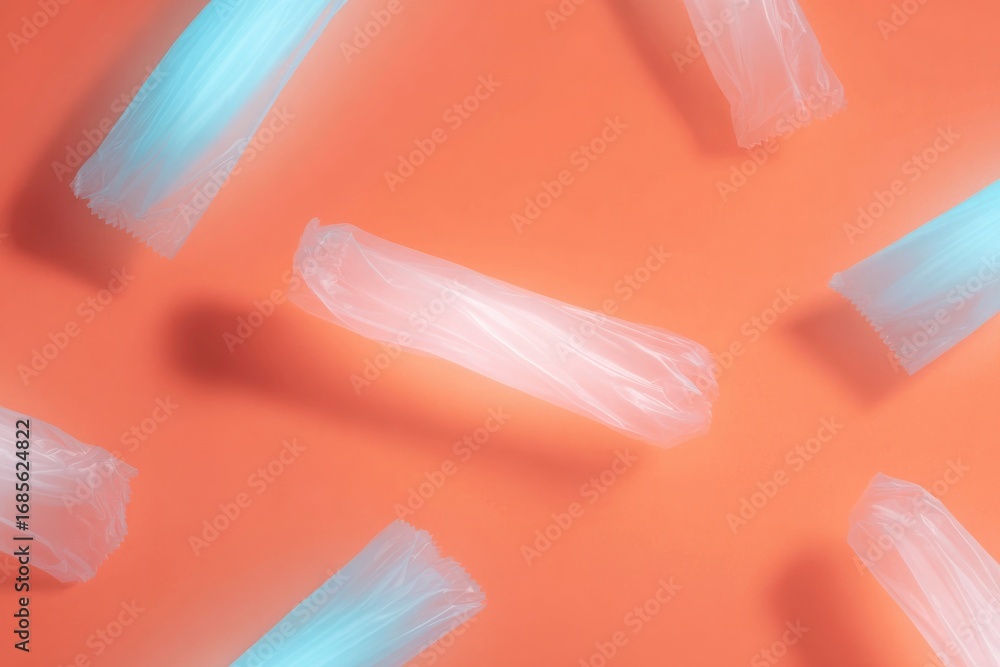 Poster Soft glowing shapes float dynamically against vibrant orange background, creating visual intrigue