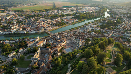 An aerial panorama view around the old town in the city Château-Thierry in France on a sunny...